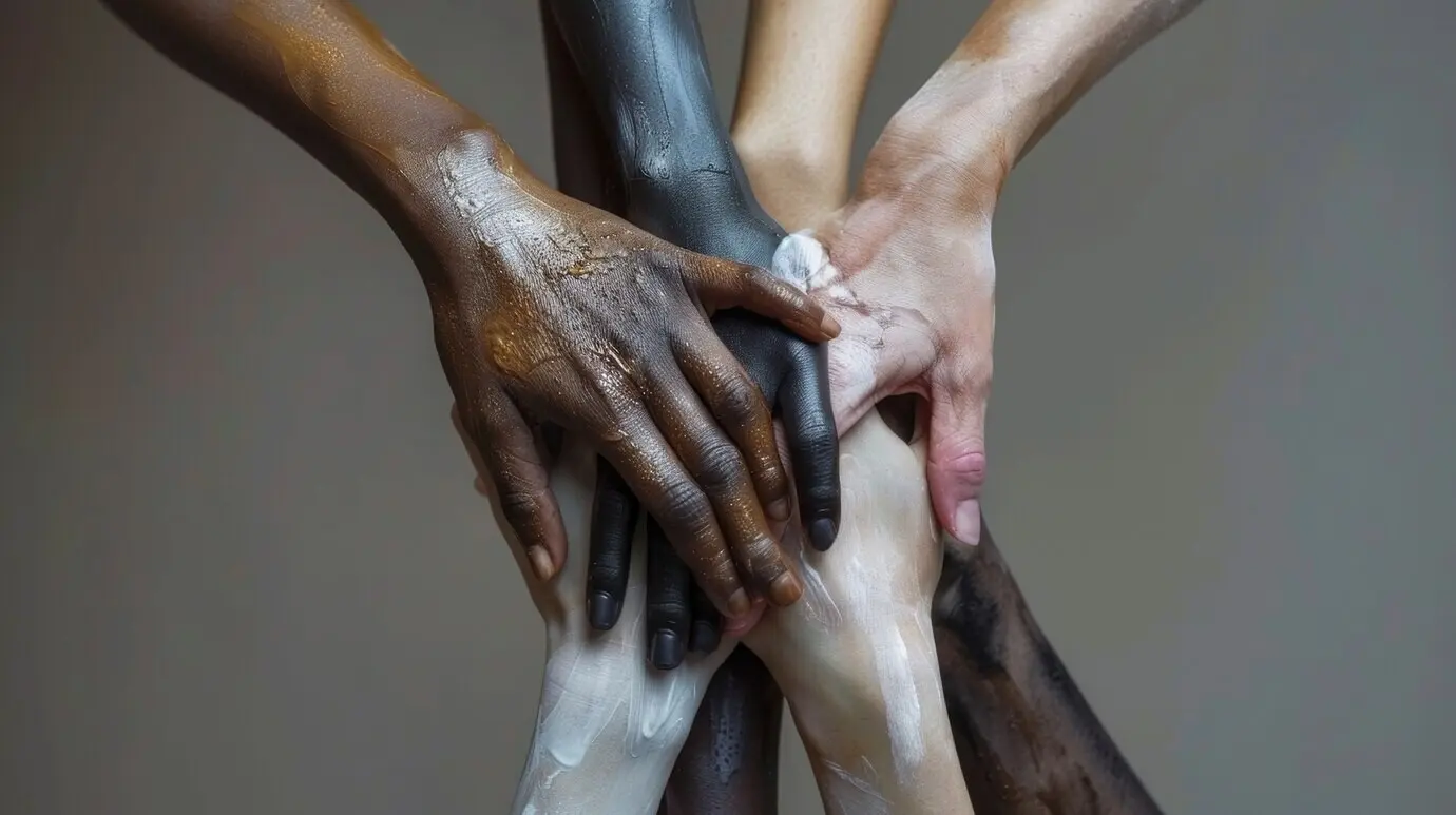 Руки людей с разным цветом кожи и этническим происхождением, соединяющиеся в знак разнообразия.